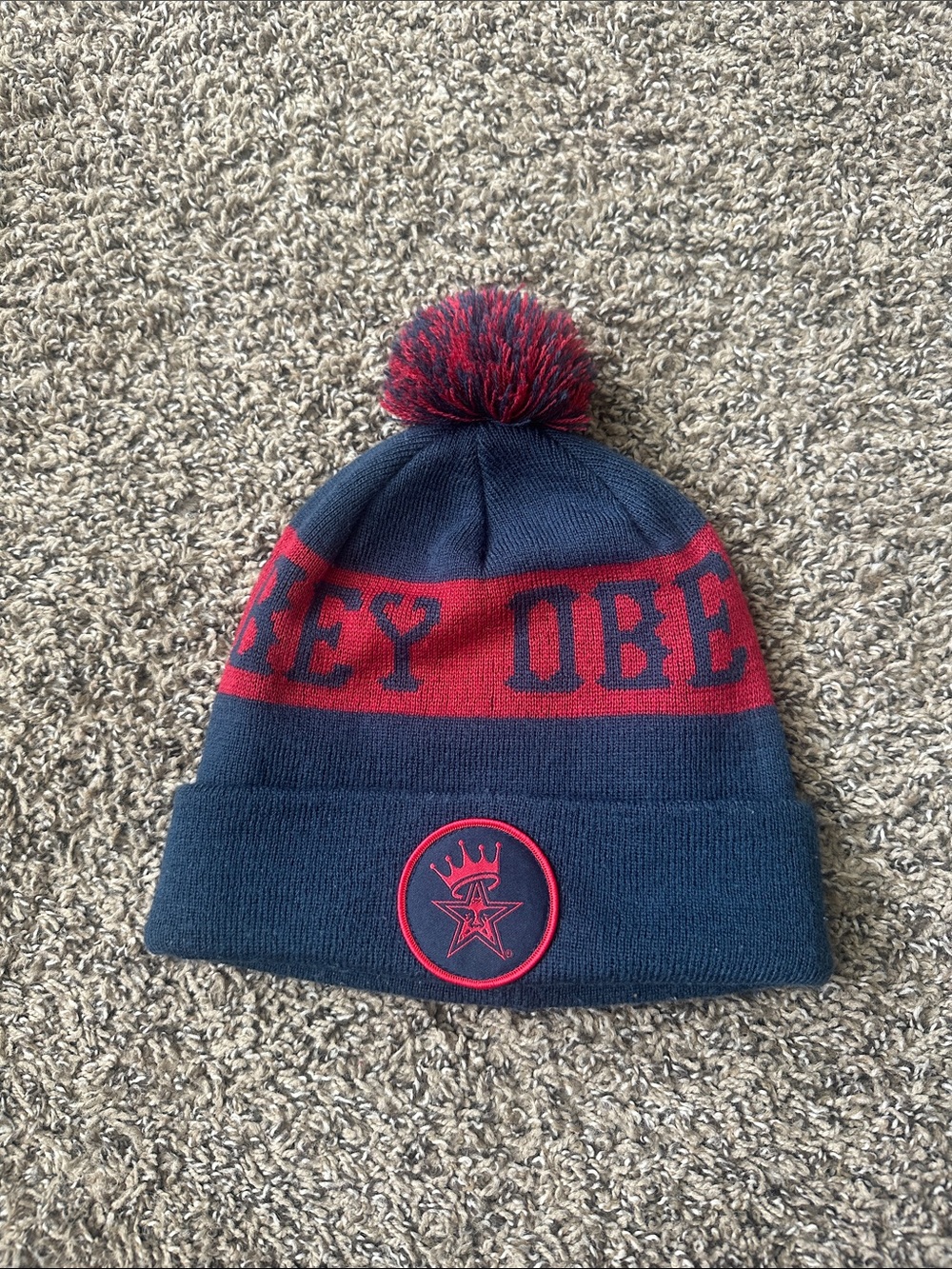 Obey Navy and Red Pom Pom Knit Beanie
